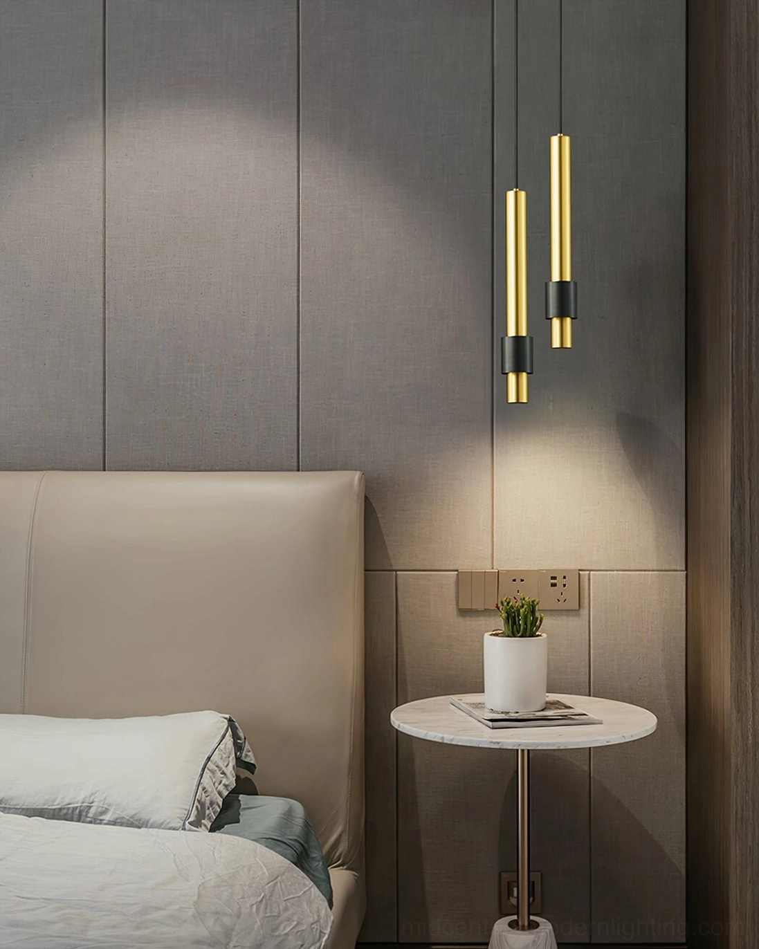 Cicada three-color changing LED pendant light, detail view of cylindrical metal construction