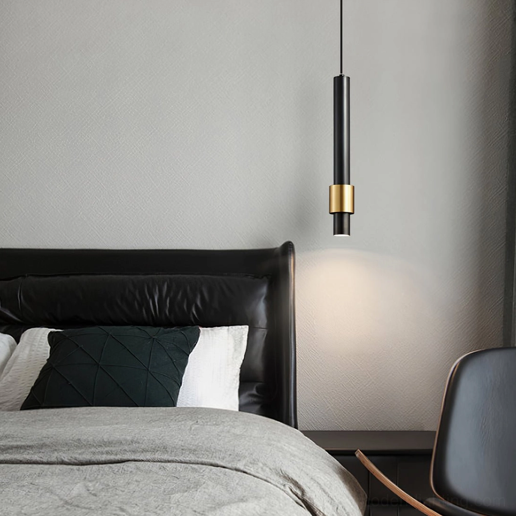 Modern bedroom with Cicada pendant lamp providing warm ambient lighting, minimalist design above bedside