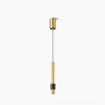 Cicada three-color LED pendant light featuring gold and black metal cylindrical design, front studio view