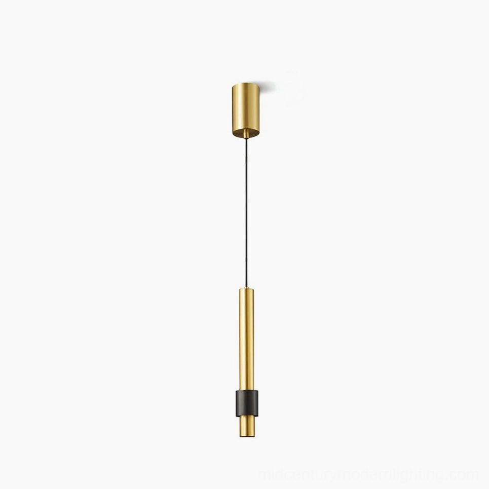 Cicada three-color LED pendant light featuring gold and black metal cylindrical design, front studio view