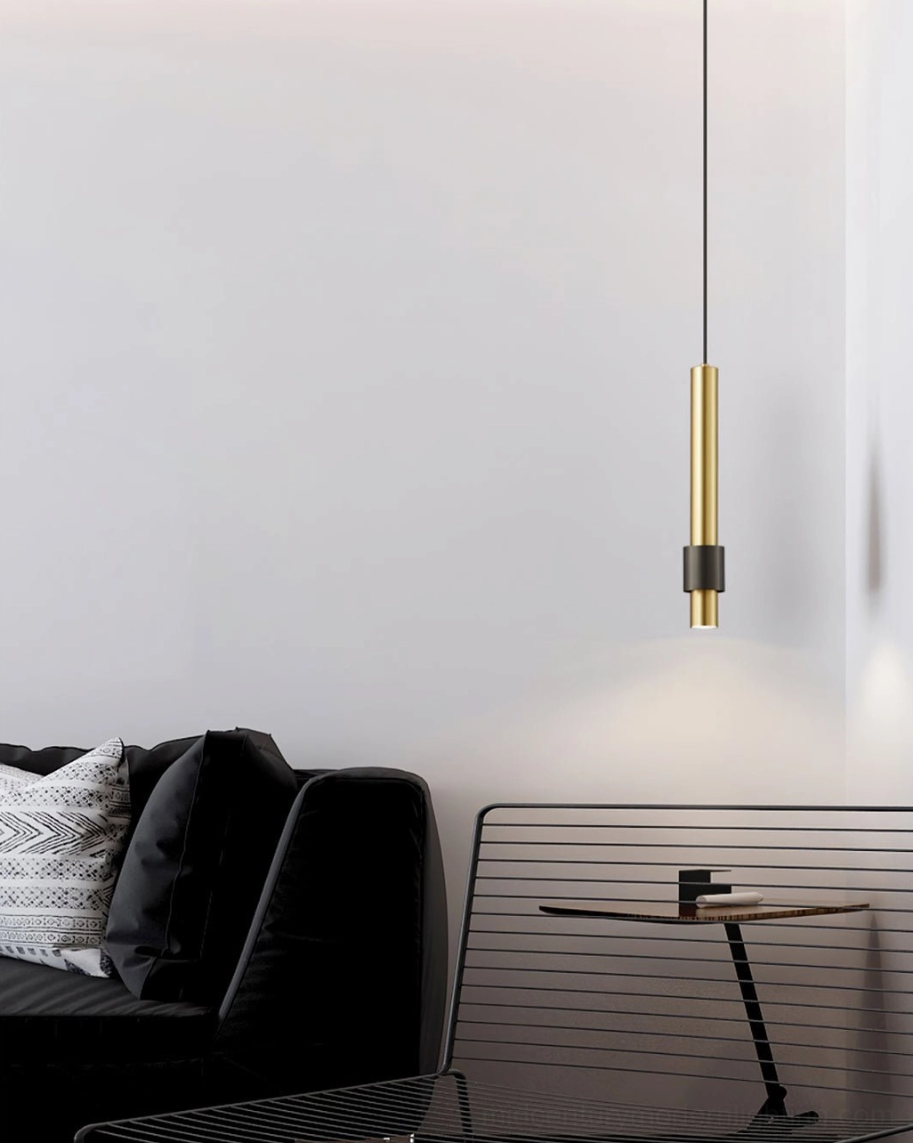 Compact Cicada pendant hanging light in modern lounge with black sofa, contemporary accent design