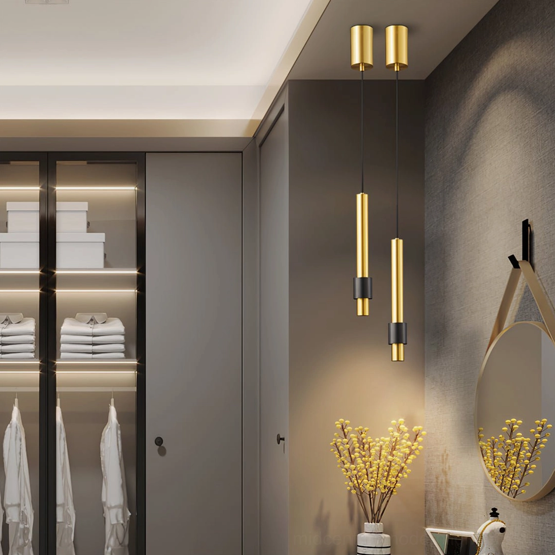 Contemporary Cicada pendant light fixture, minimalist cylindrical form in interior setting