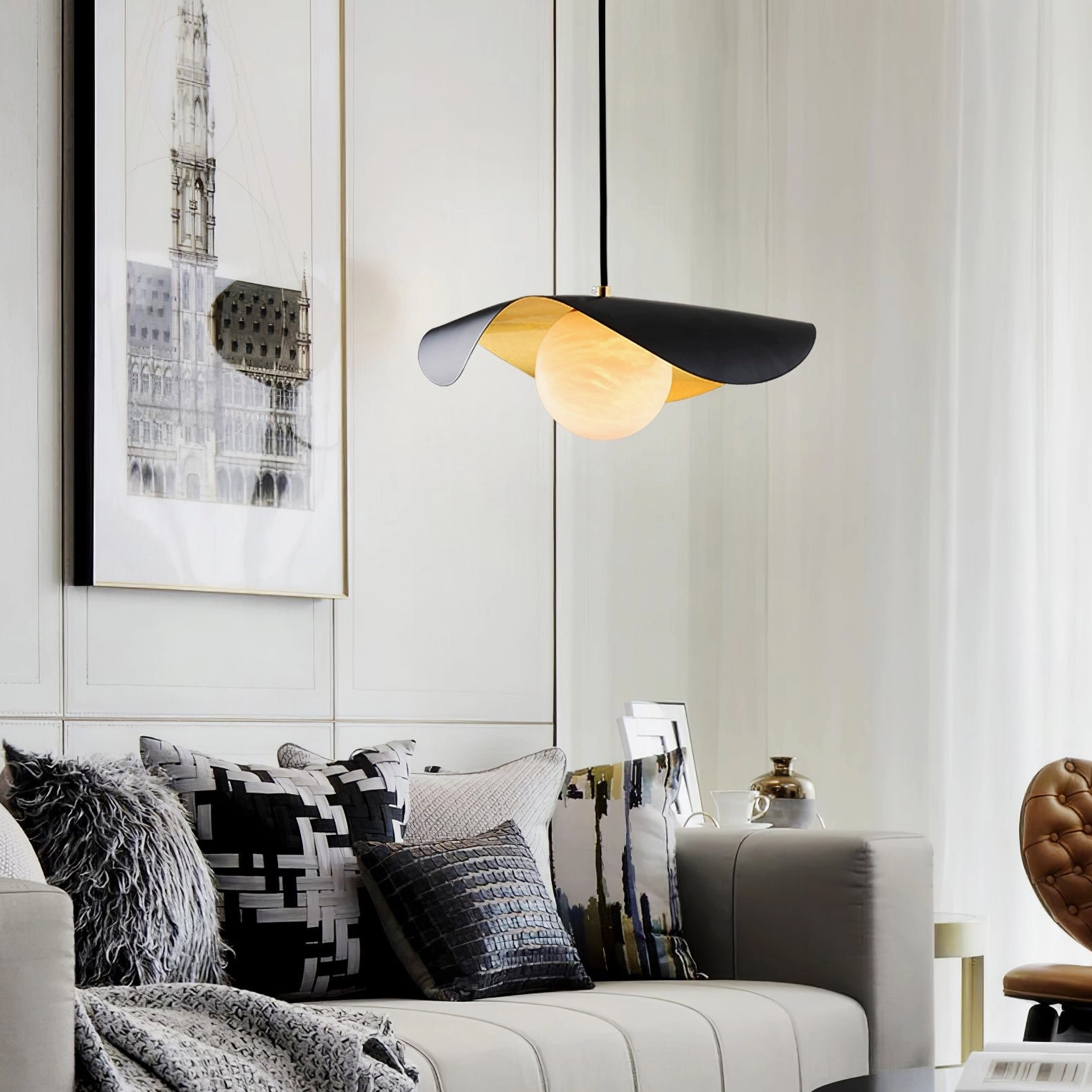 Cilla asymmetrical pendant lamp collection, modern pendant lighting in black and white gold finishes