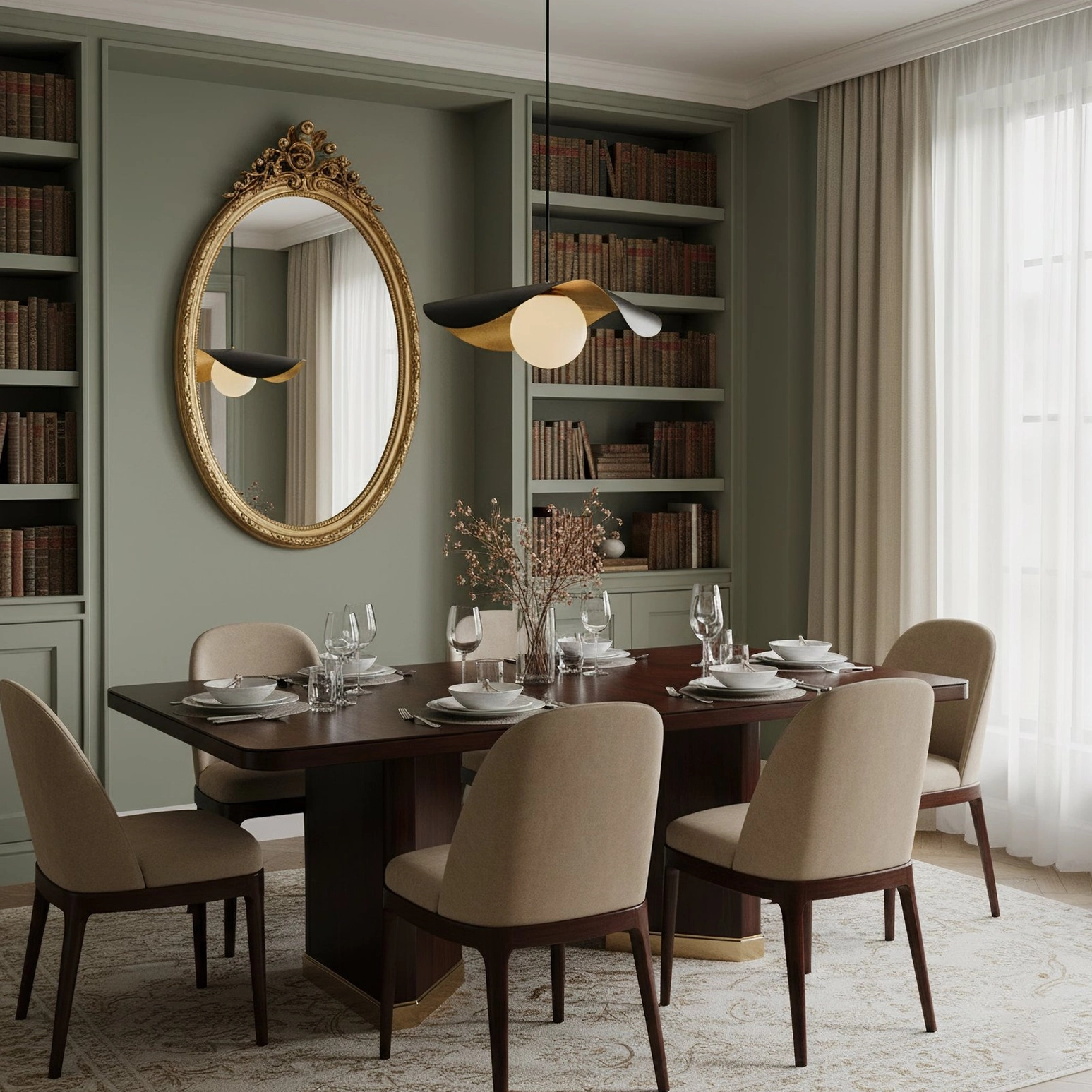 Single Cilla pendant lamp in elegant study-dining hybrid room with ornate oval wall mirror, built-in bookshelves, eye-level dining view