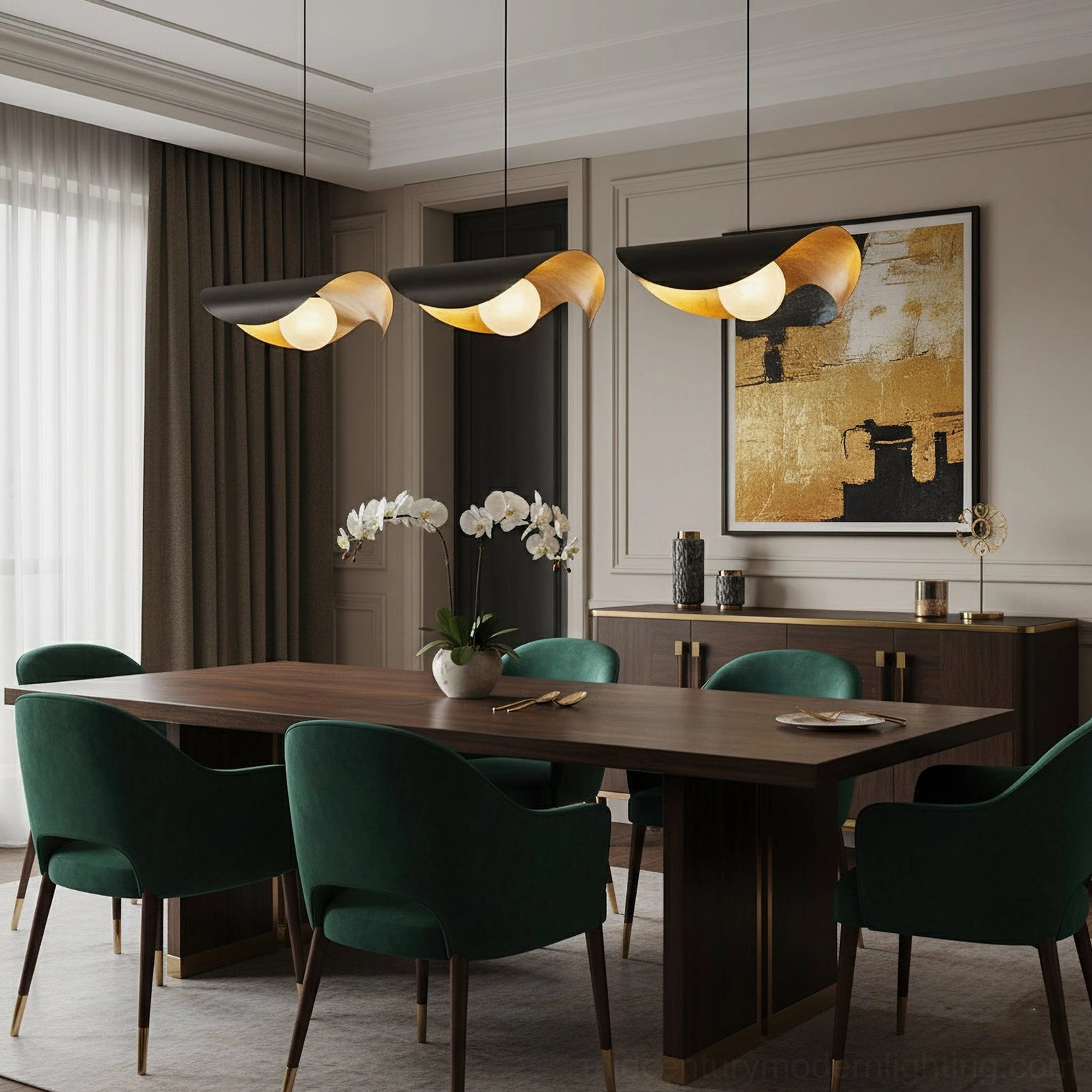 Triple Cilla pendant lamps above modern dining room with dark wood table and emerald green velvet chairs, wide perspective formal dining