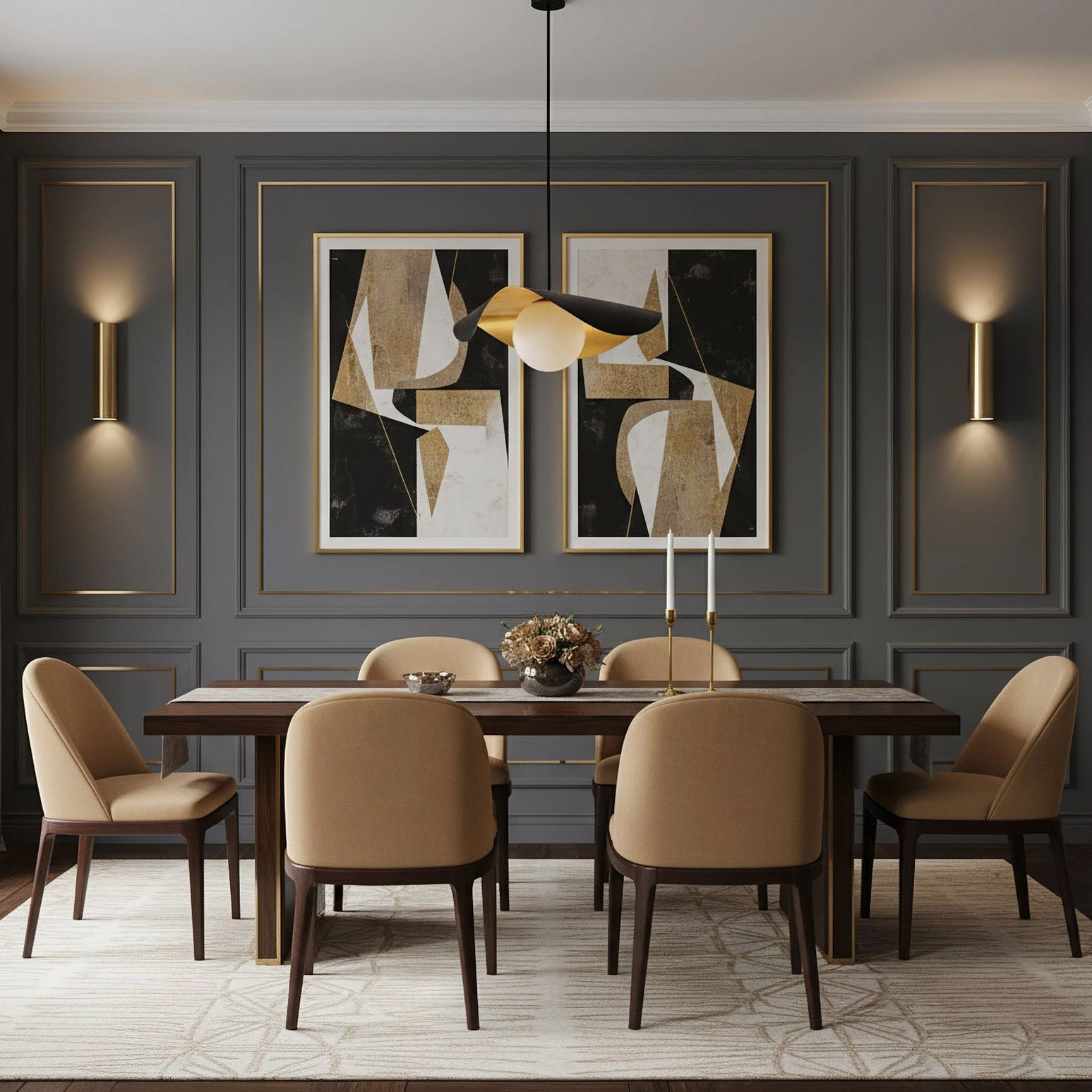 Cilla pendant lamp in formal dining room with dark grey paneled walls, abstract wall art, upholstered chairs, sophisticated interior design