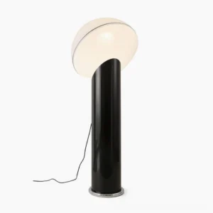 Ciot modern floor lamp with black glossy pole and white dome shade, front view in studio setting