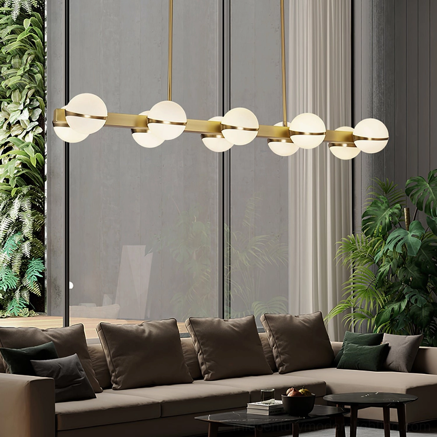 Modern circular brass pendant chandelier in neutral interior, Grand Lustre collection architectural lighting design