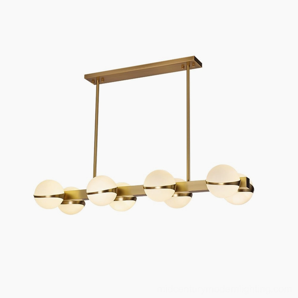 Circular brass chandelier in modern living space, Grand Lustre 8-head round design with matching frosted glass globes