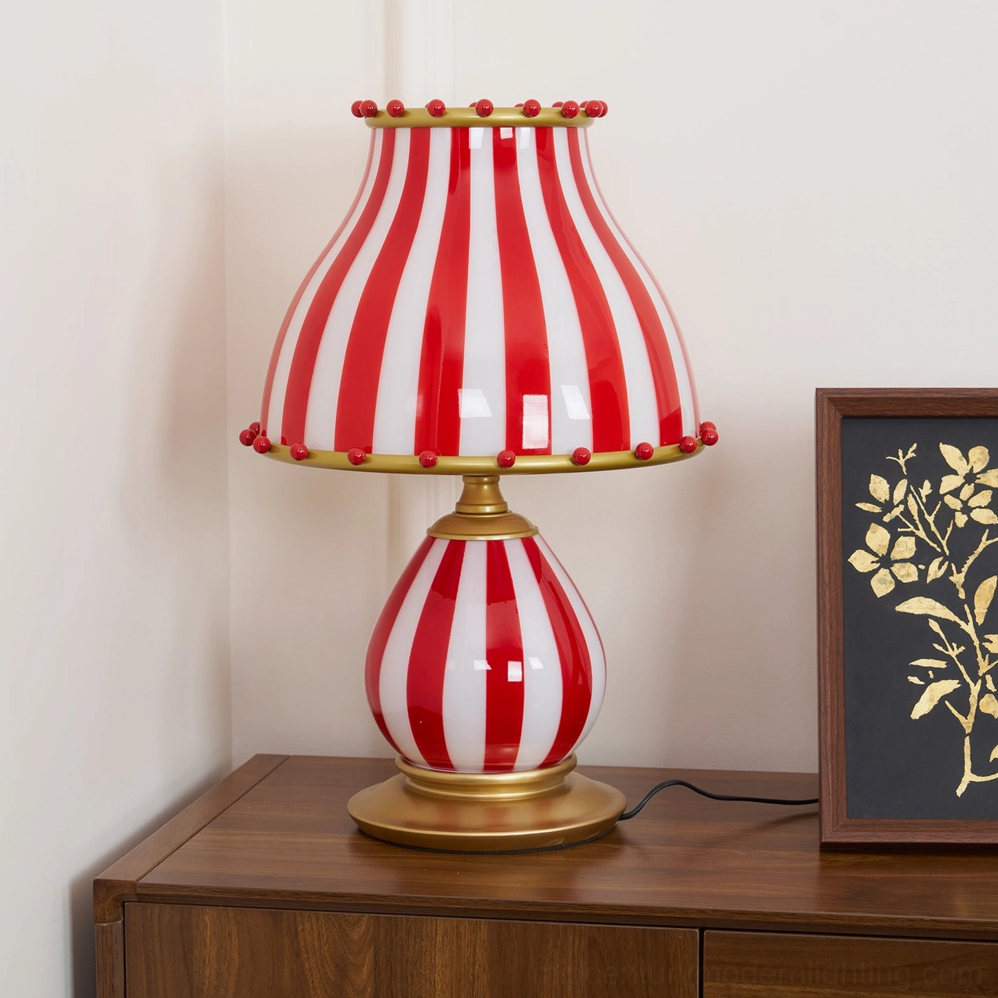 Striped vintage circus lamp base and construction detail with metal resin materials