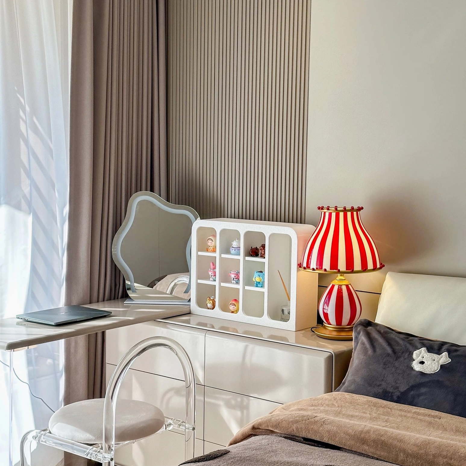 Red and white carnival striped table lamp soft lighting ambiance in bedroom