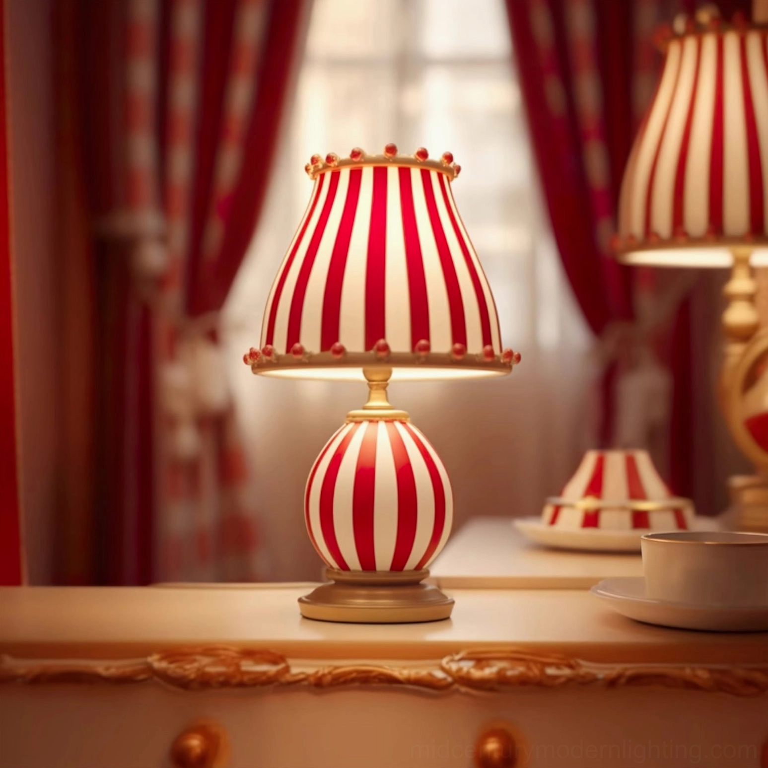 Red and white striped lamp on bedroom dresser with red curtains and matching shade decor