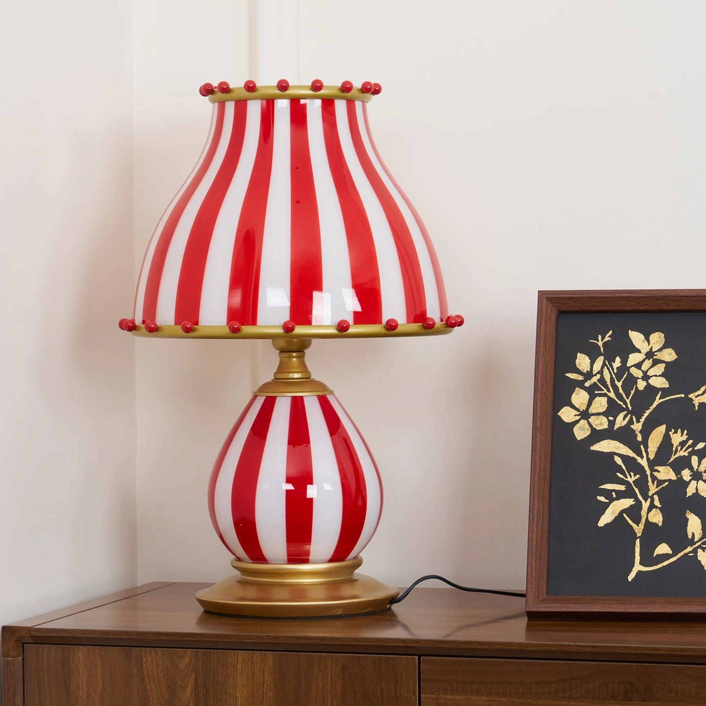Vintage red and white striped circus table lamp detailed front view with gold trim