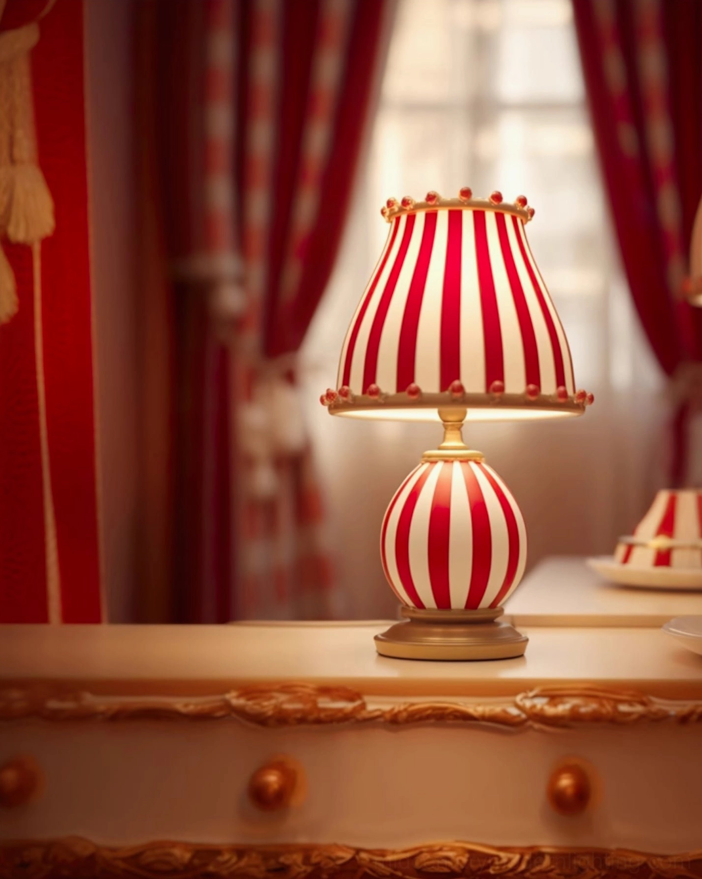 Striped red and white Circus Troup lamp with Edison bulb warm glow lighting effect