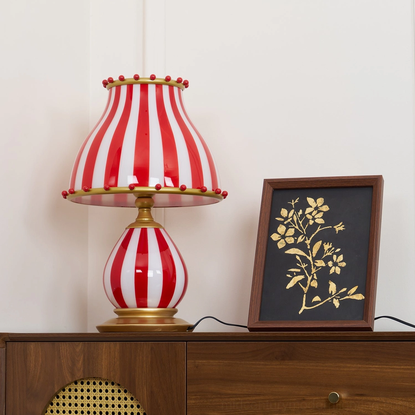 Red and white striped carnival lamp front facing full product view