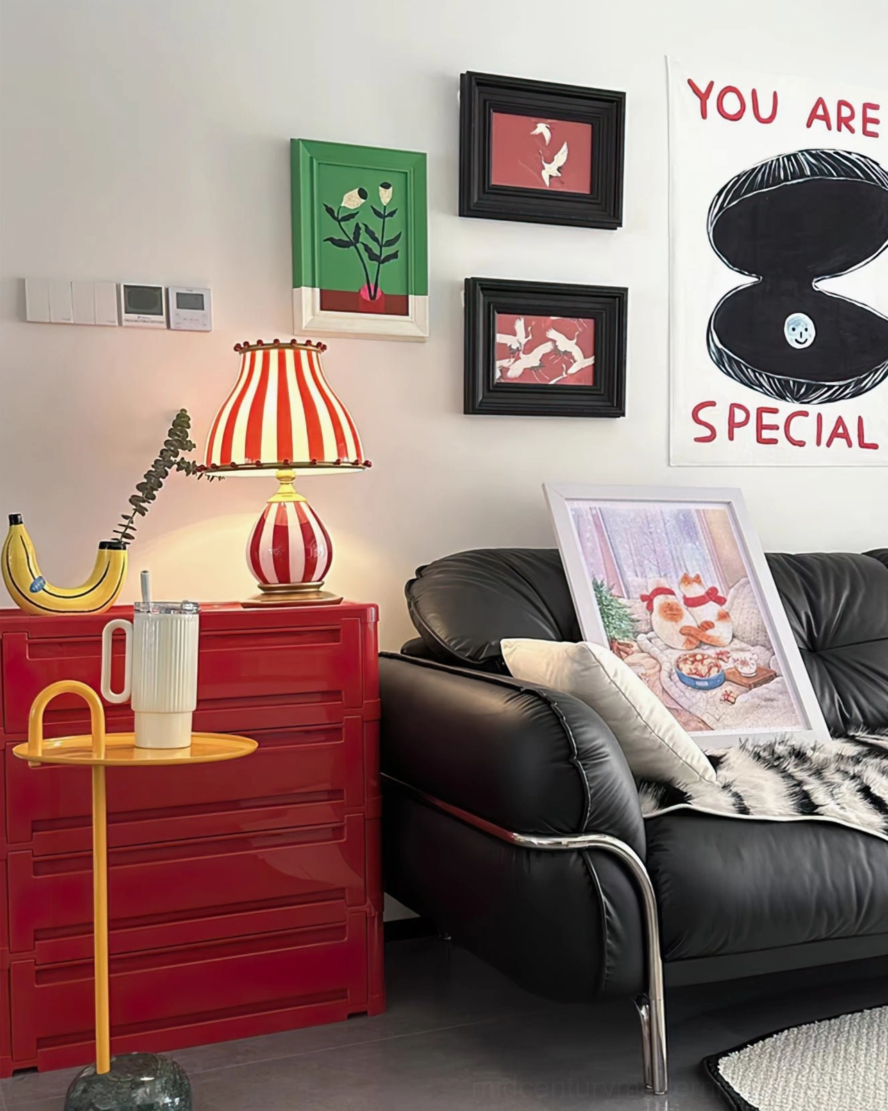 Red and white Circus Troup lamp interior home library or study room styling