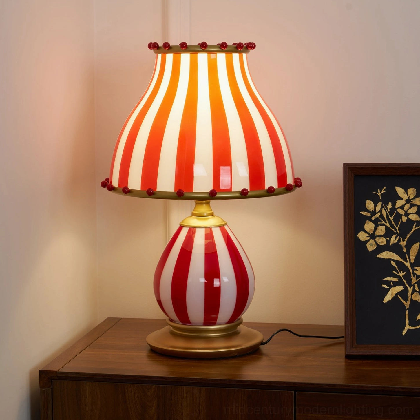 Vintage circus striped lamp three-quarter angle showing pattern detail and shape