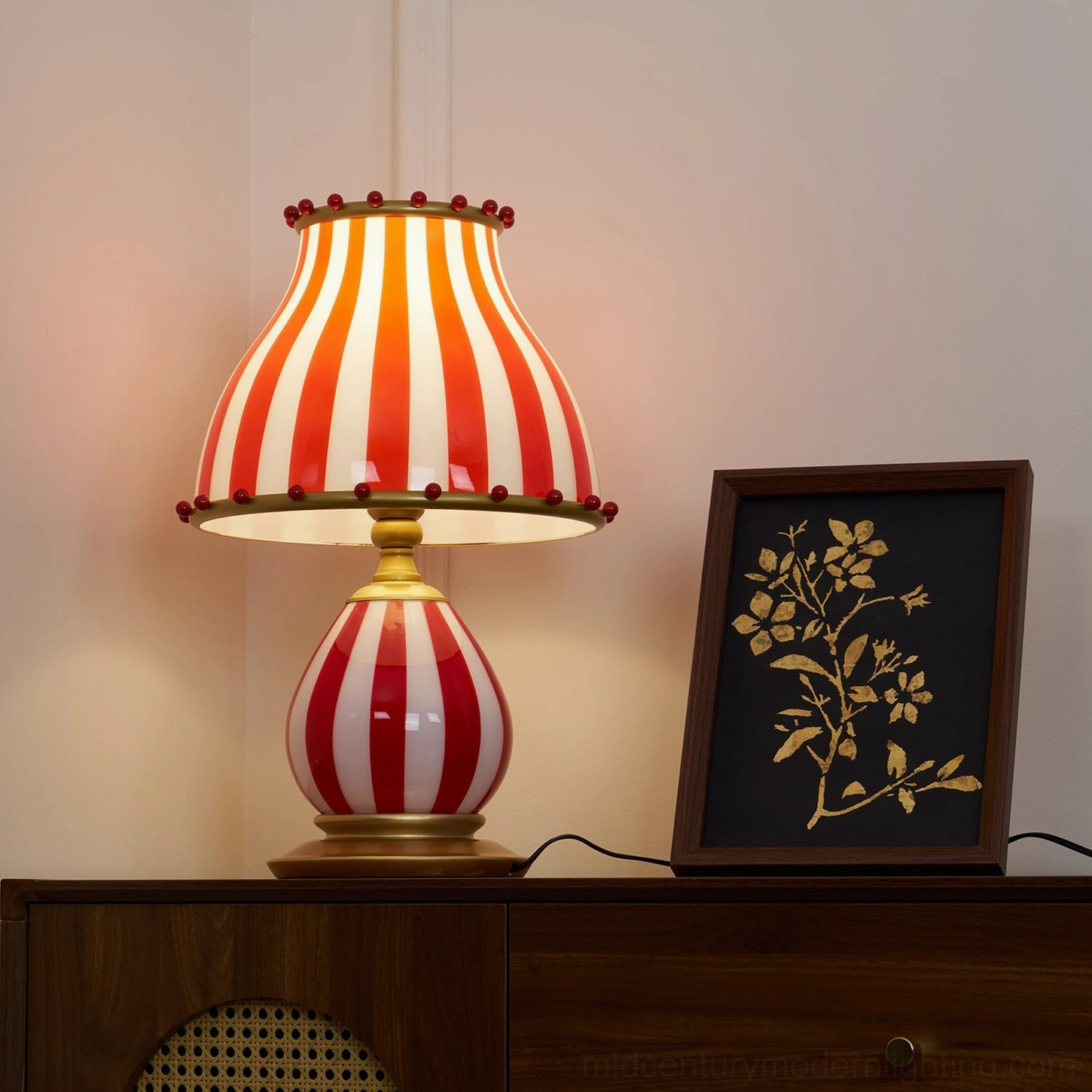 Red and white Circus Troup table lamp primary product image studio background