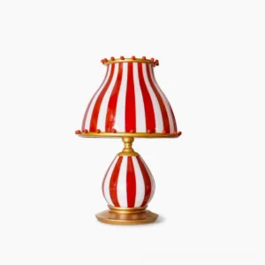 Circus Troup red and white striped vintage table lamp with gold accents, studio front view