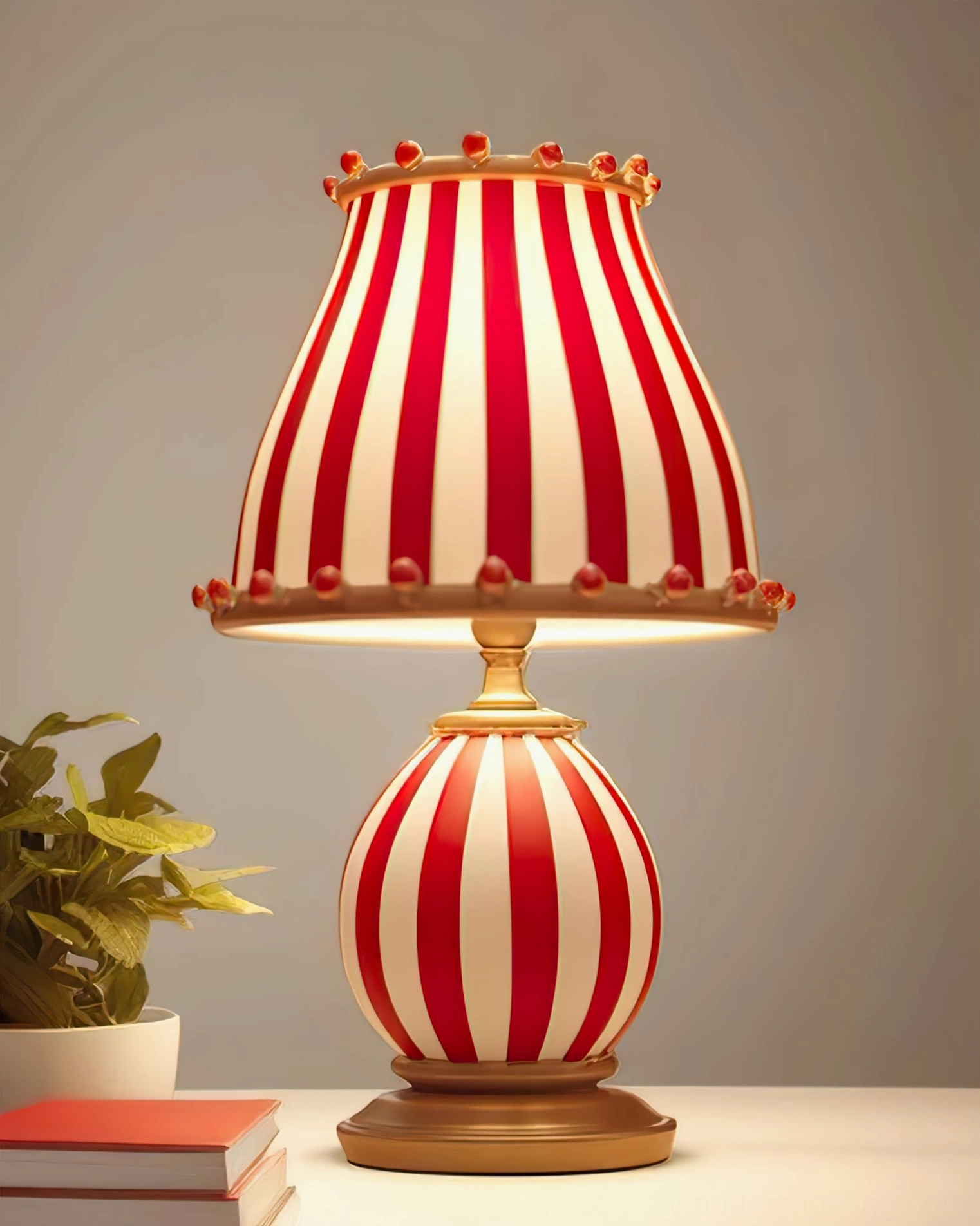 Carnival-inspired striped table lamp against neutral background side view angle