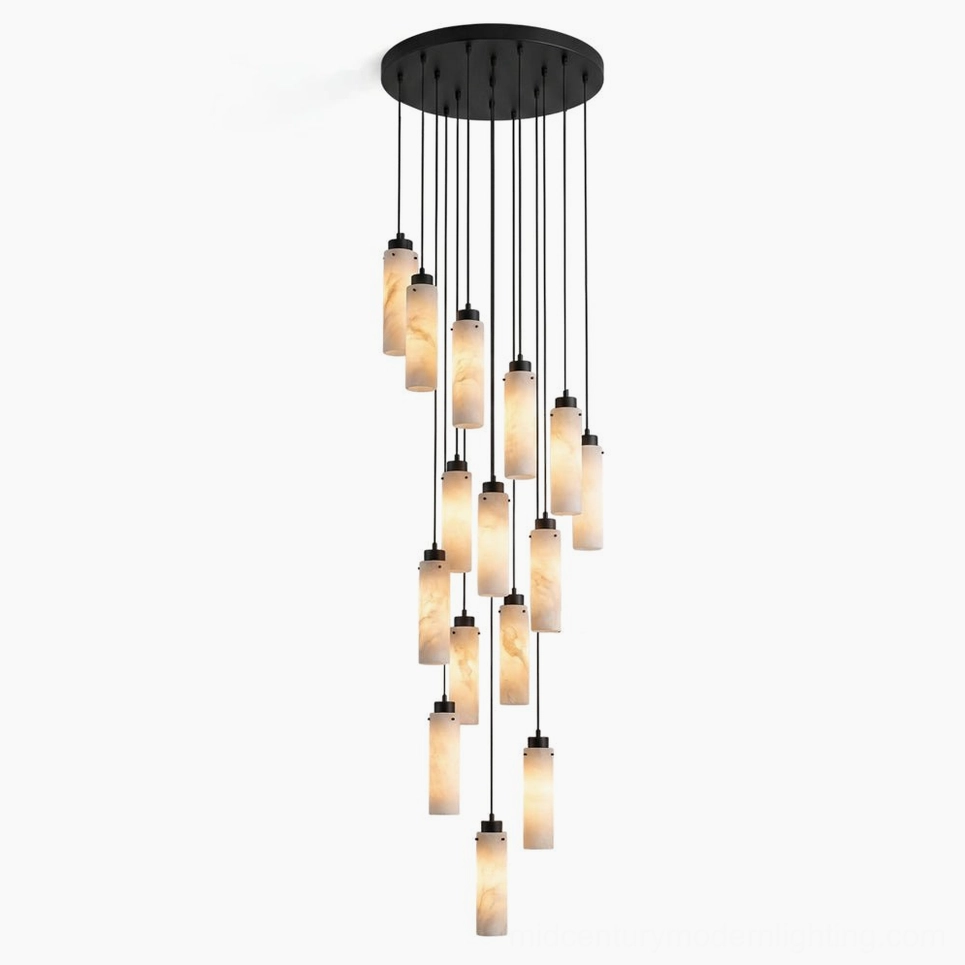Cirio alabaster cascade chandelier overhead product shot with staggered pendant lights and matte black brass canopy