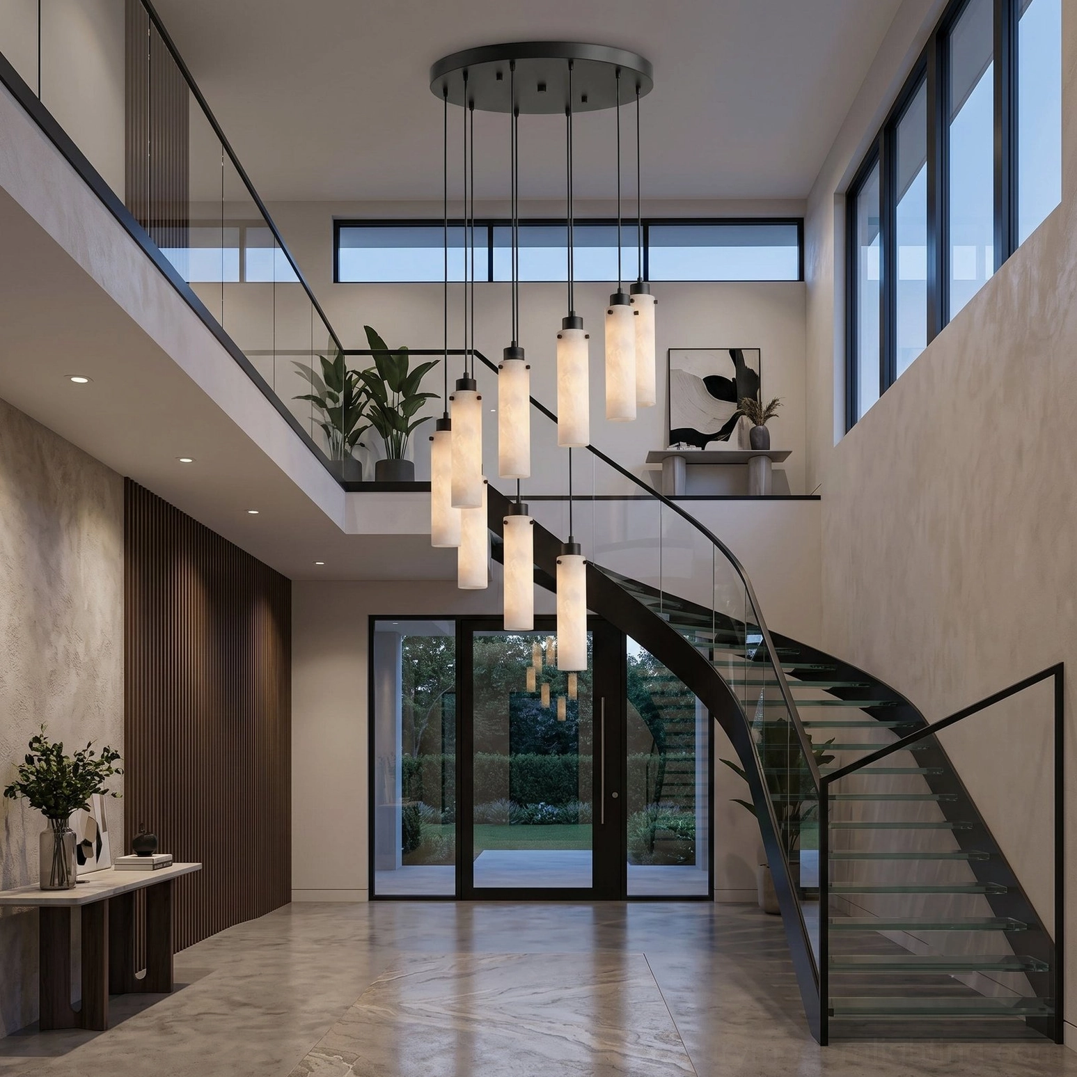 Cirio alabaster chandelier in luxury double-height foyer with contemporary interior design