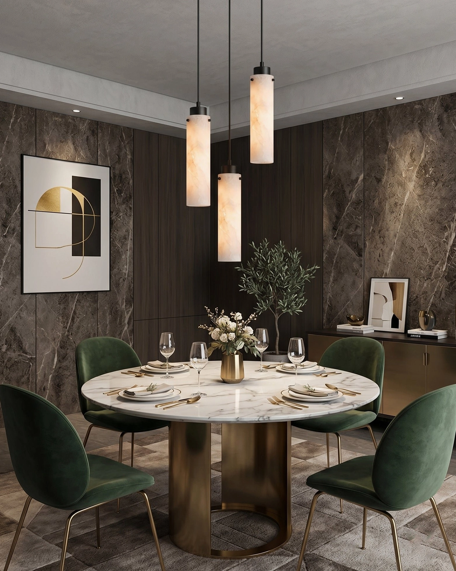 Cirio multi-head alabaster pendant chandelier above modern dining table in upscale home