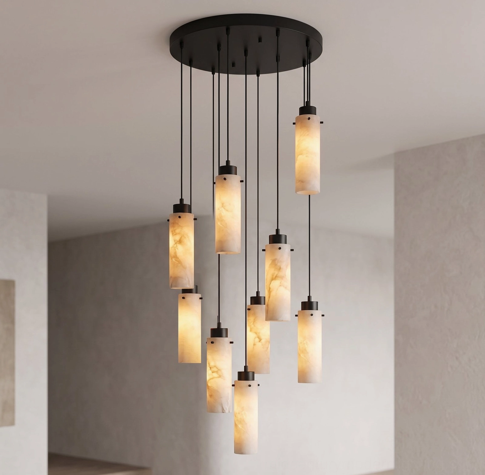 Cirio cluster chandelier front view with black metal suspension rods and translucent alabaster shades