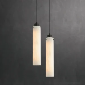 Pair of Cirio alabaster pendant lamps hanging modern interior dark wall contemporary lighting