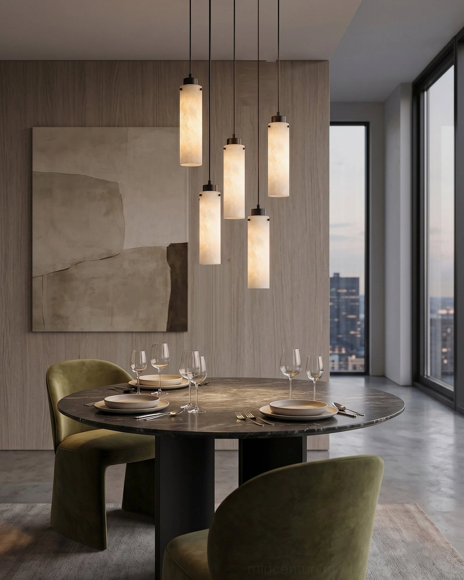 Cirio alabaster cylinder pendant lights in modern urban apartment dining room