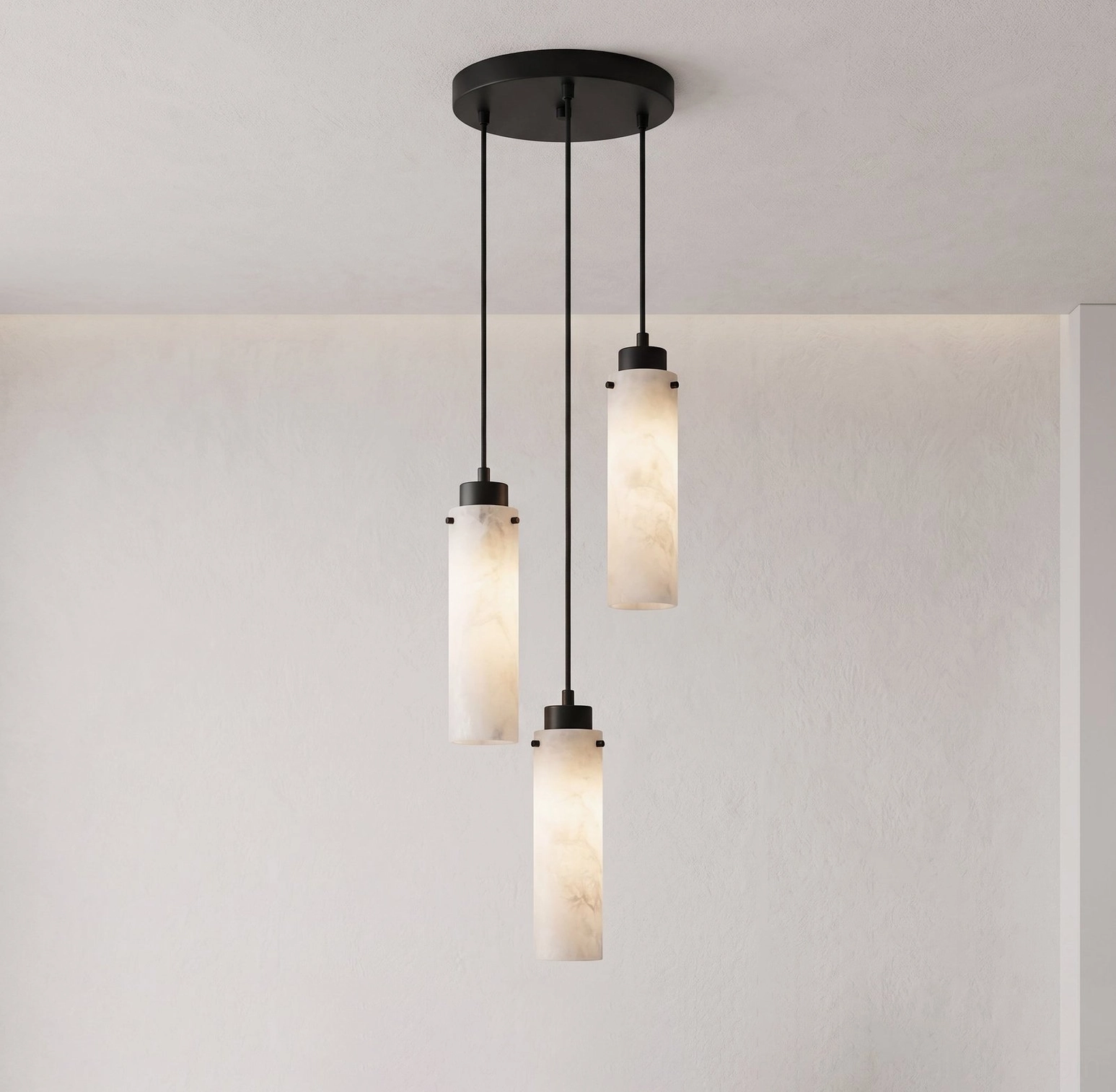 Cirio multi-head alabaster cascade chandelier architectural detail with warm illumination