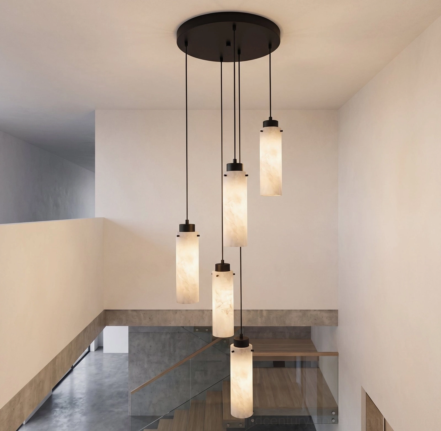 Cirio alabaster chandelier detail shot of matte black brass canopy and suspended pendant array