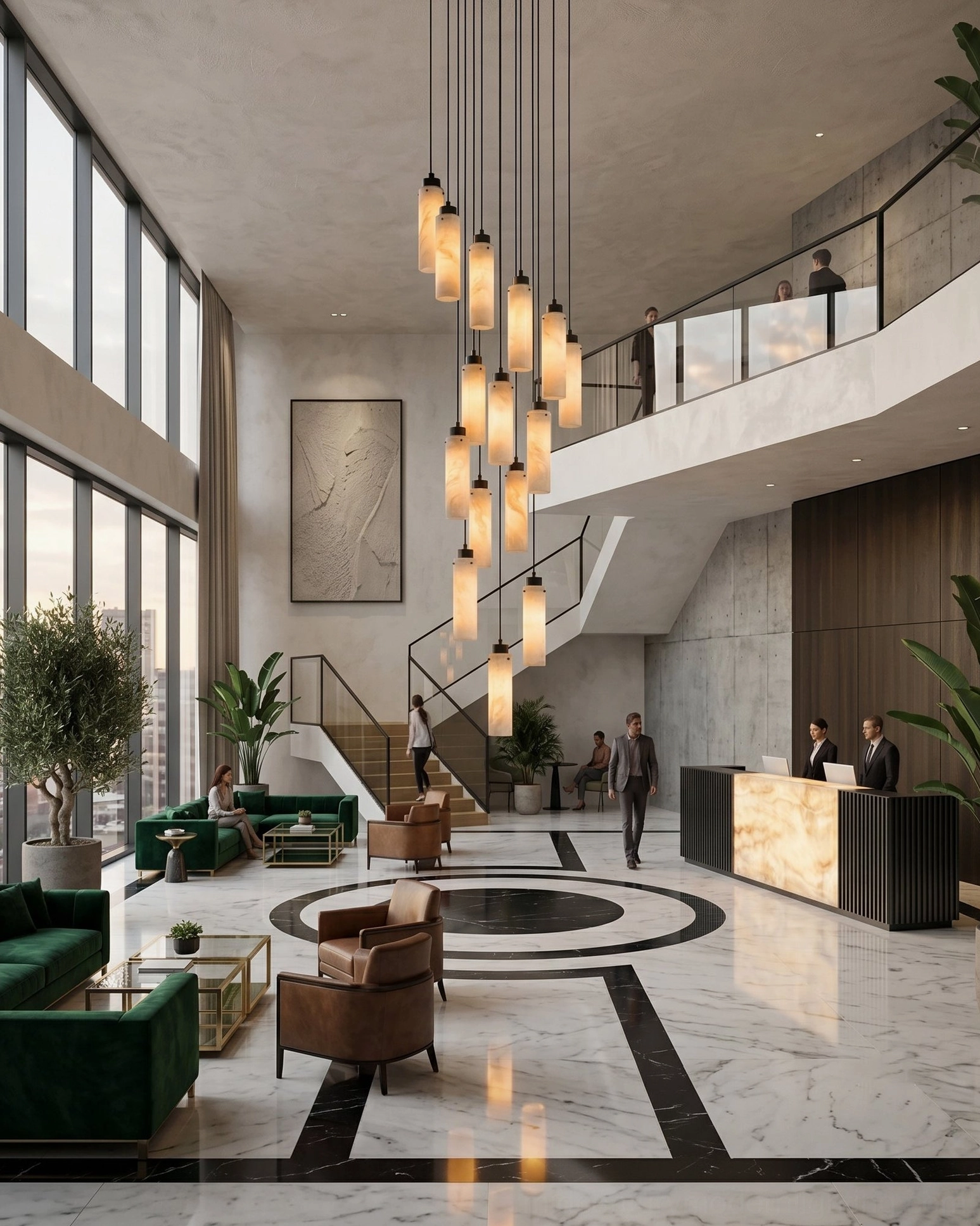 Cirio large multi-head alabaster chandelier in hotel lobby double-height atrium space