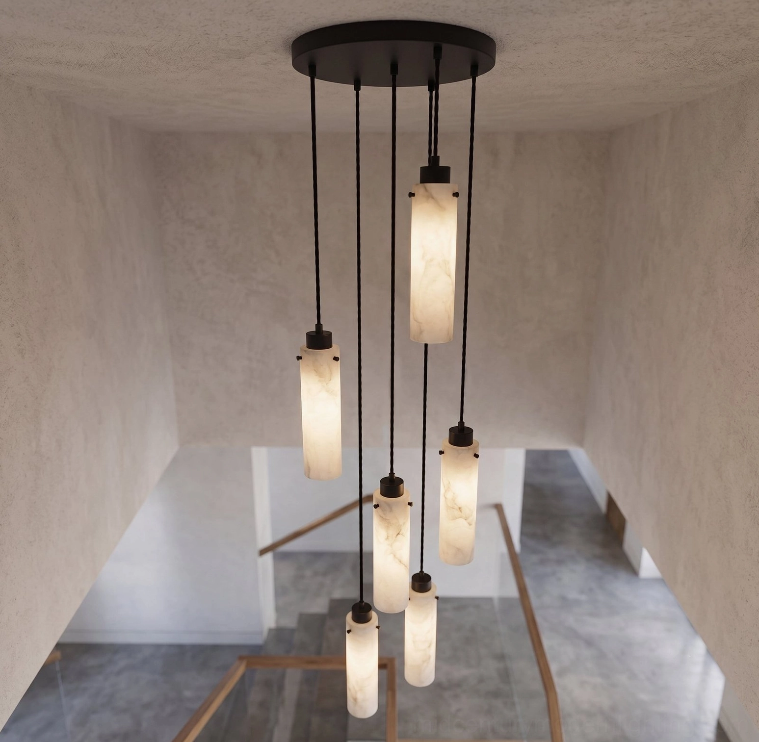 Cirio cascade chandelier wide angle view in double-height modern stairwell space