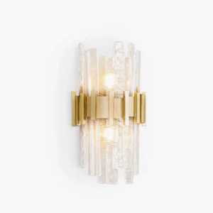 Ciro dual-light wall sconce with brushed gold metal frame and textured clear glass, frontal studio view