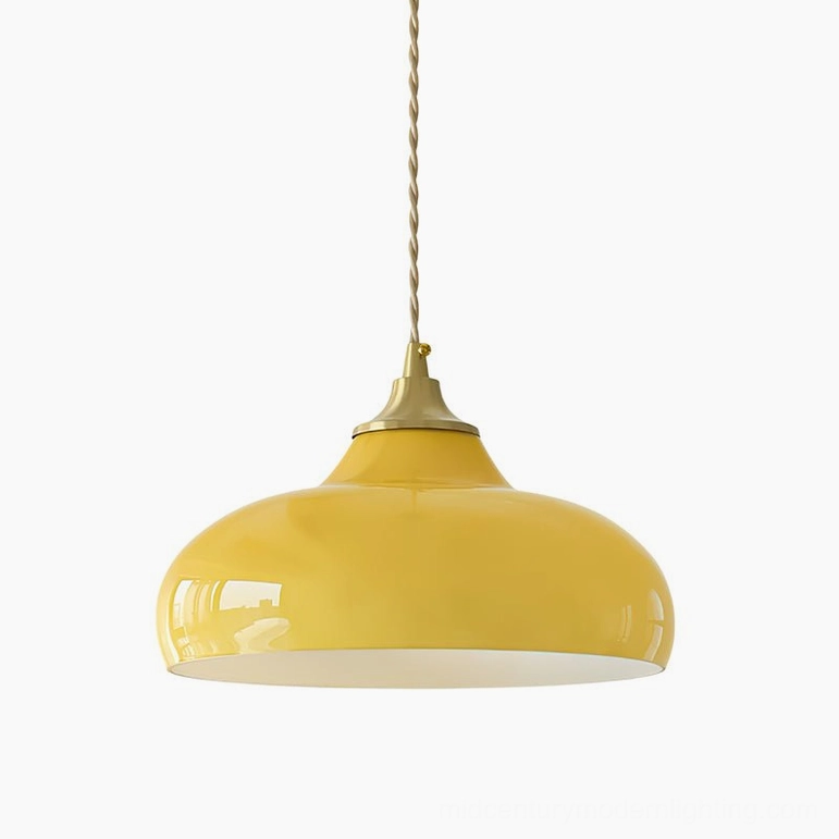 Citrine yellow and gold dome pendant lamp 25cm diameter showing complete fixture with cord and hardware