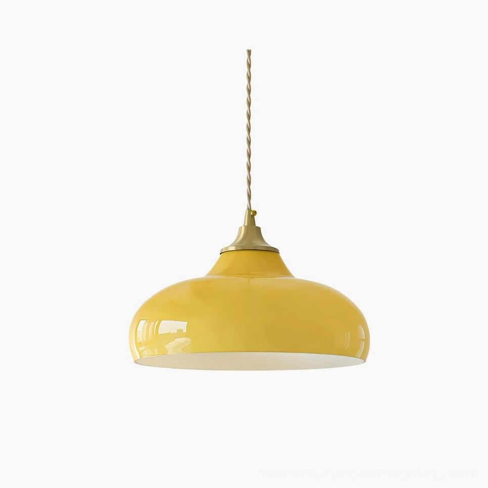 Citrine yellow dome pendant lamp with brass hardware and vintage twisted cord, front view on white background