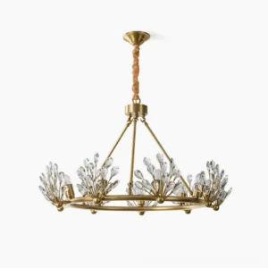 Clara Crystal Chandelier overhead view with waterdrop crystal ornaments on pure white background, showcasing full brass frame and prismatic crystal design