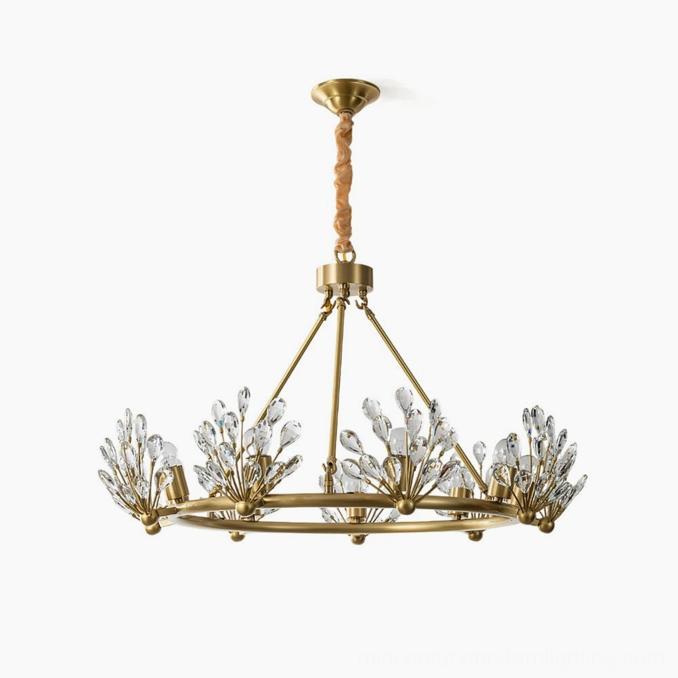 Clara Crystal Chandelier overhead view with waterdrop crystal ornaments on pure white background, showcasing full brass frame and prismatic crystal design