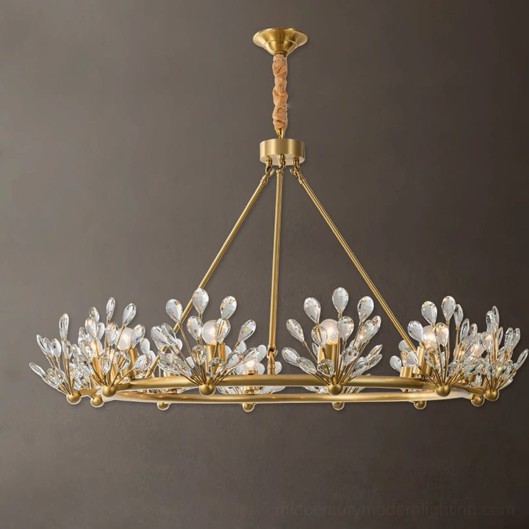 Extra large Clara Crystal Chandelier luxury statement piece with full perimeter crystal bud decorations and rich brass gold finish, showcase lighting design