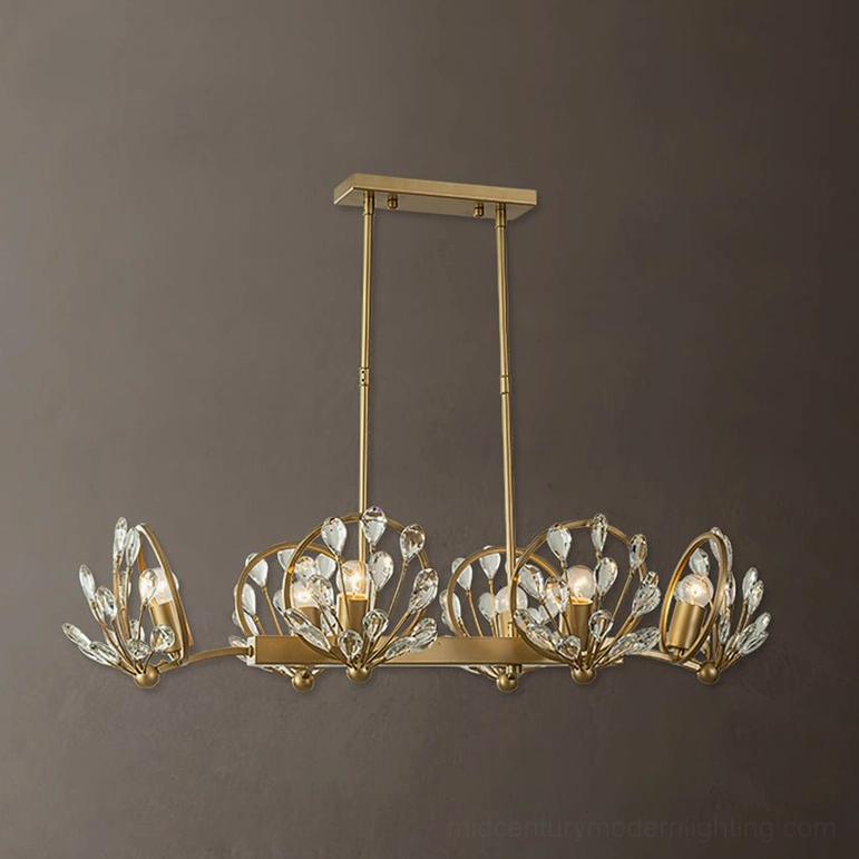Linear Clara Crystal Chandelier with rectangular brass hanging mount and dual-row crystal fixtures, ideal for dining room island lighting solutions