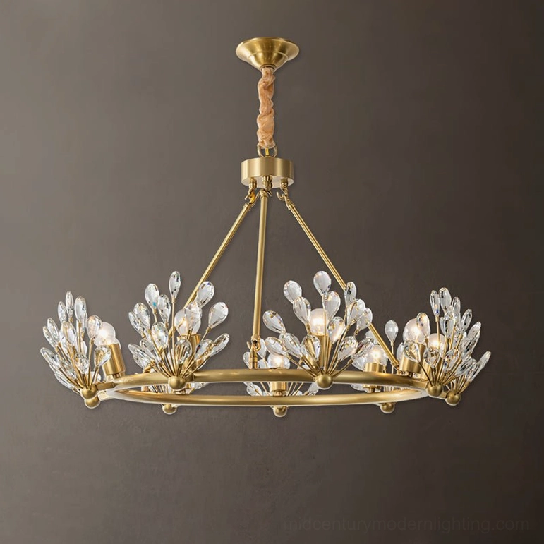 Medium-sized Clara Crystal Chandelier with moderate crystal bud cluster arrangement and brass construction, overhead view on neutral background
