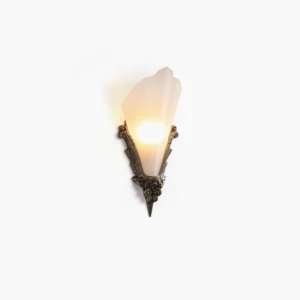 Claridge Glass Wall Sconce with illuminated frosted glass and ornate cast brass backplate in art deco style