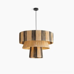 Clarissa tiered pendant light with woven raffia and black stripes, overhead view showing geometric two-tier design and natural fiber texture