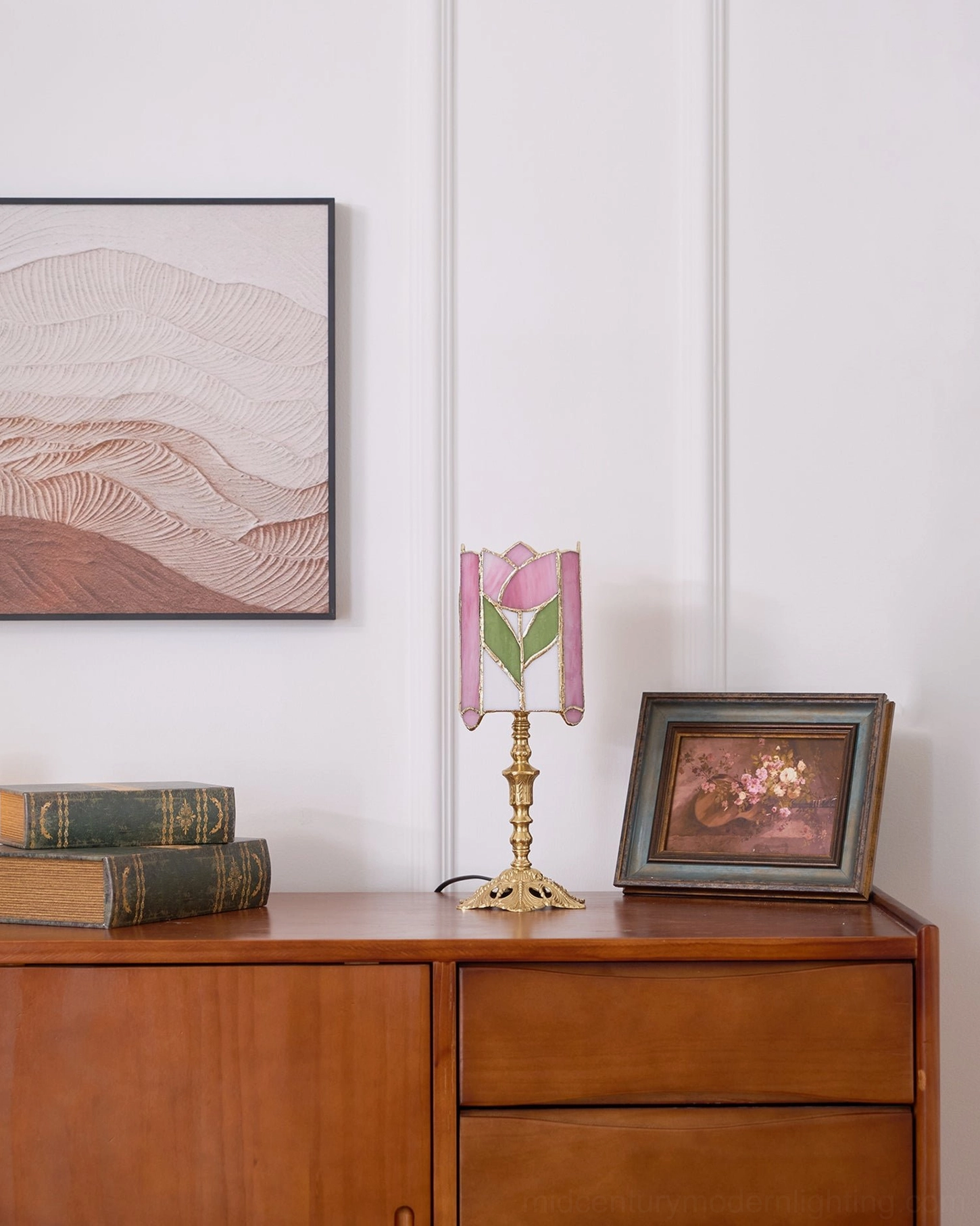 Classic tulip table lamp with hand-cut stained glass and ornate brass base, mid-century modern design