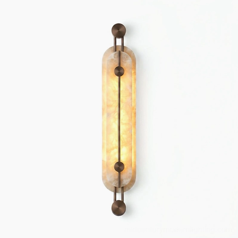 Clayton alabaster wall sconce bronze finish, warm light color temperature, mid-century modern geometric design detail view