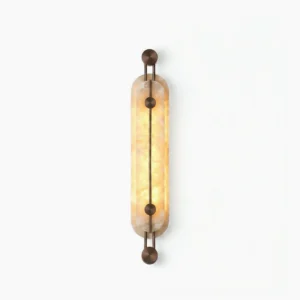 Clayton alabaster wall sconce with bronze finish, front studio view showing geometric design and natural stone shade