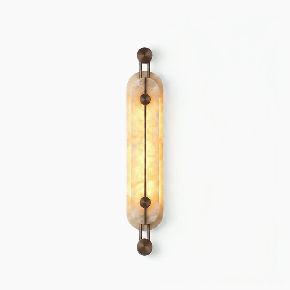 Clayton alabaster wall sconce with bronze finish, front studio view showing geometric design and natural stone shade