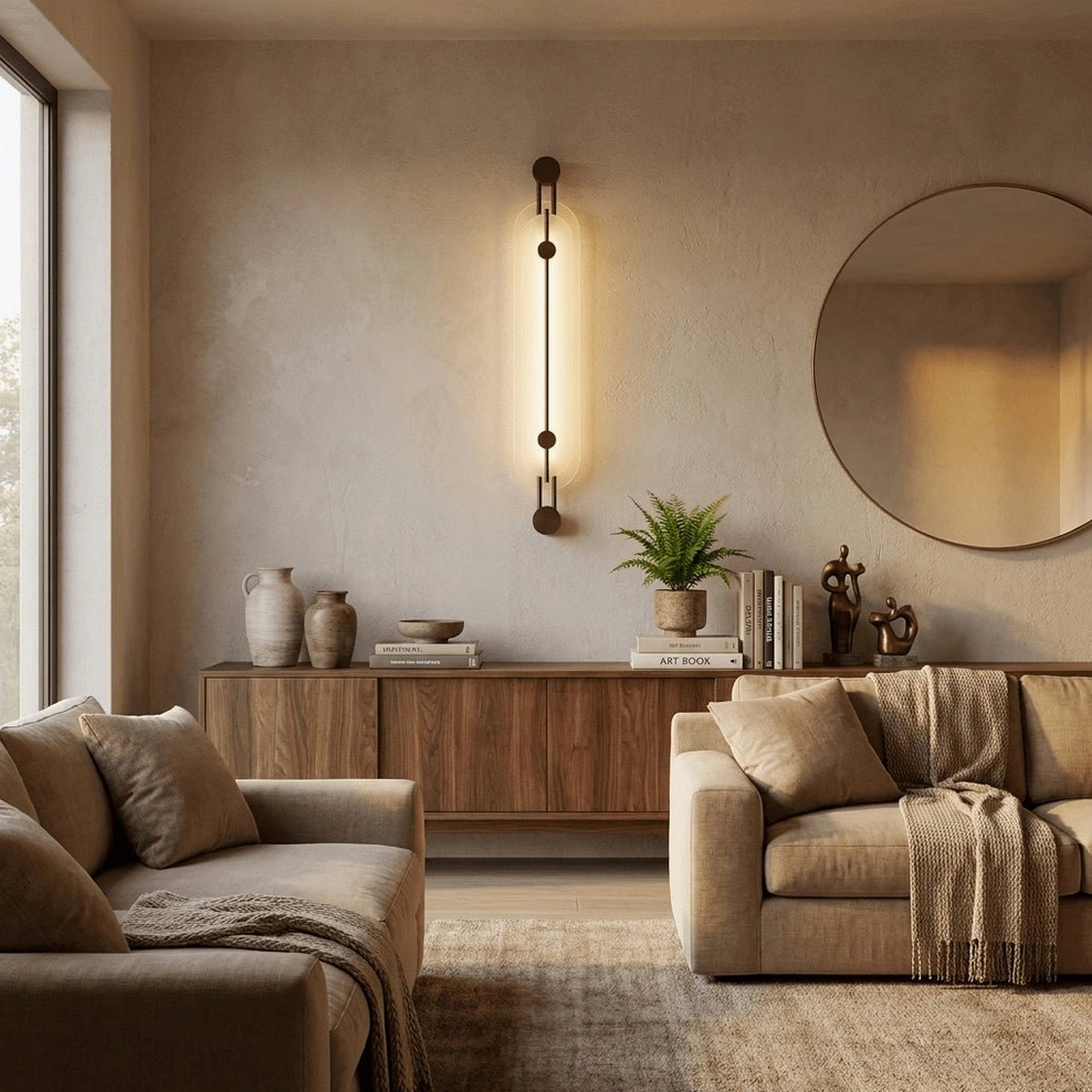 Clayton alabaster sconce in modern living room with neutral palette, warm ambient light, contemporary interior design