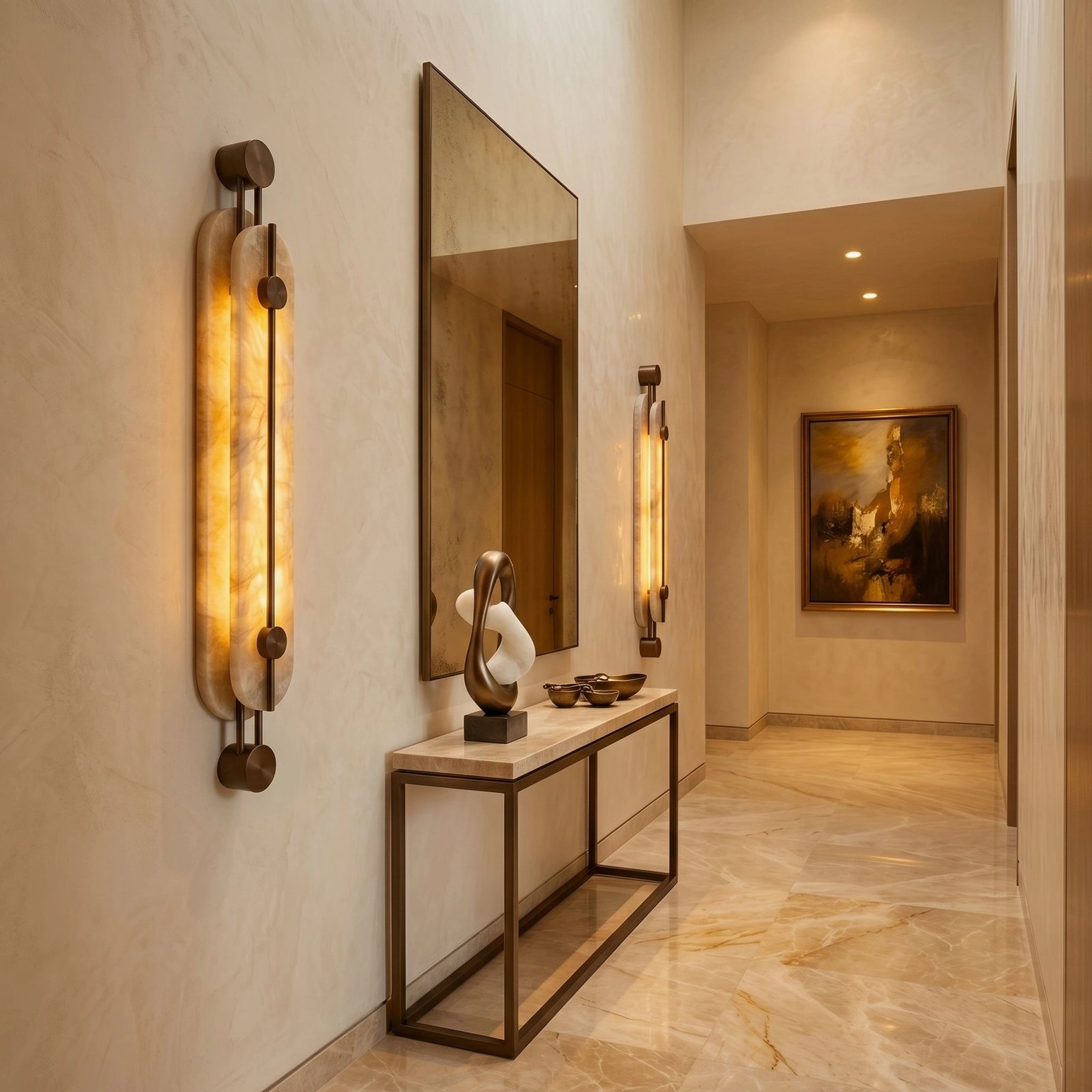 Two clayton sconces flanking entryway mirror, matching bronze fixtures, contemporary minimalist warm lighting design